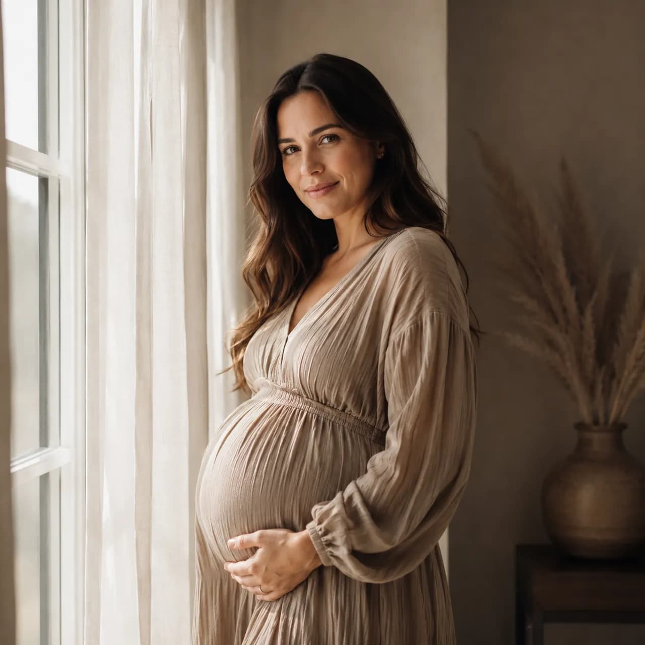 A maternity portrait in soft window light.