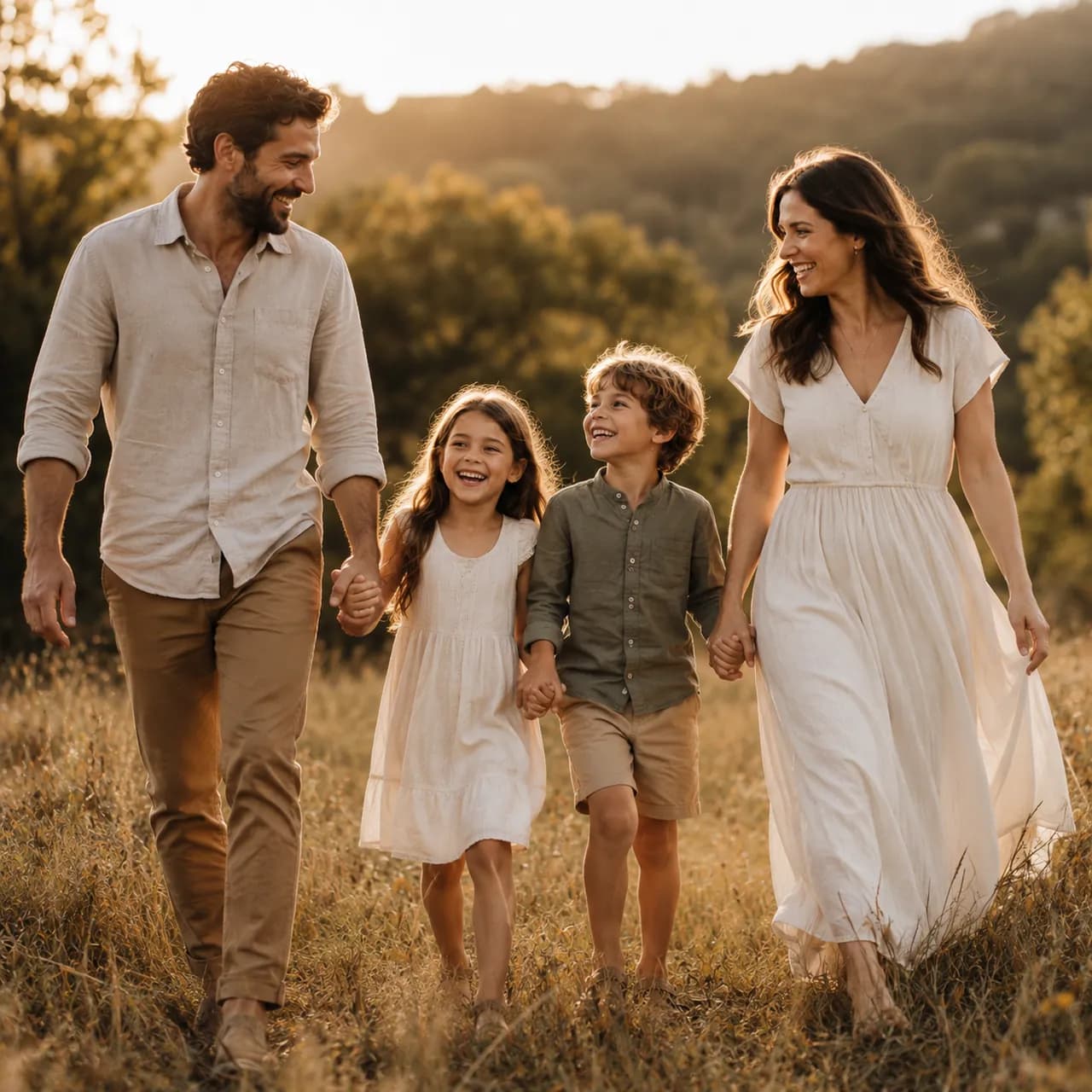 A family walking together across a hillside at golden hour.