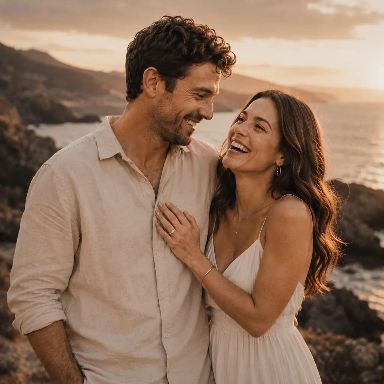A couple laughing together on a coastal path at sunset.