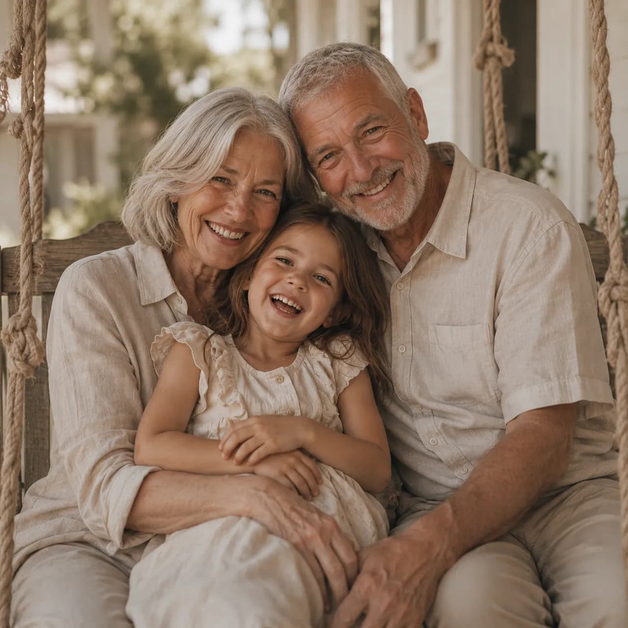 Grandparents and their granddaughter laughing on a porch swing.