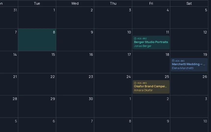 The Liberio studio calendar for September, with three shoots scheduled across the month.