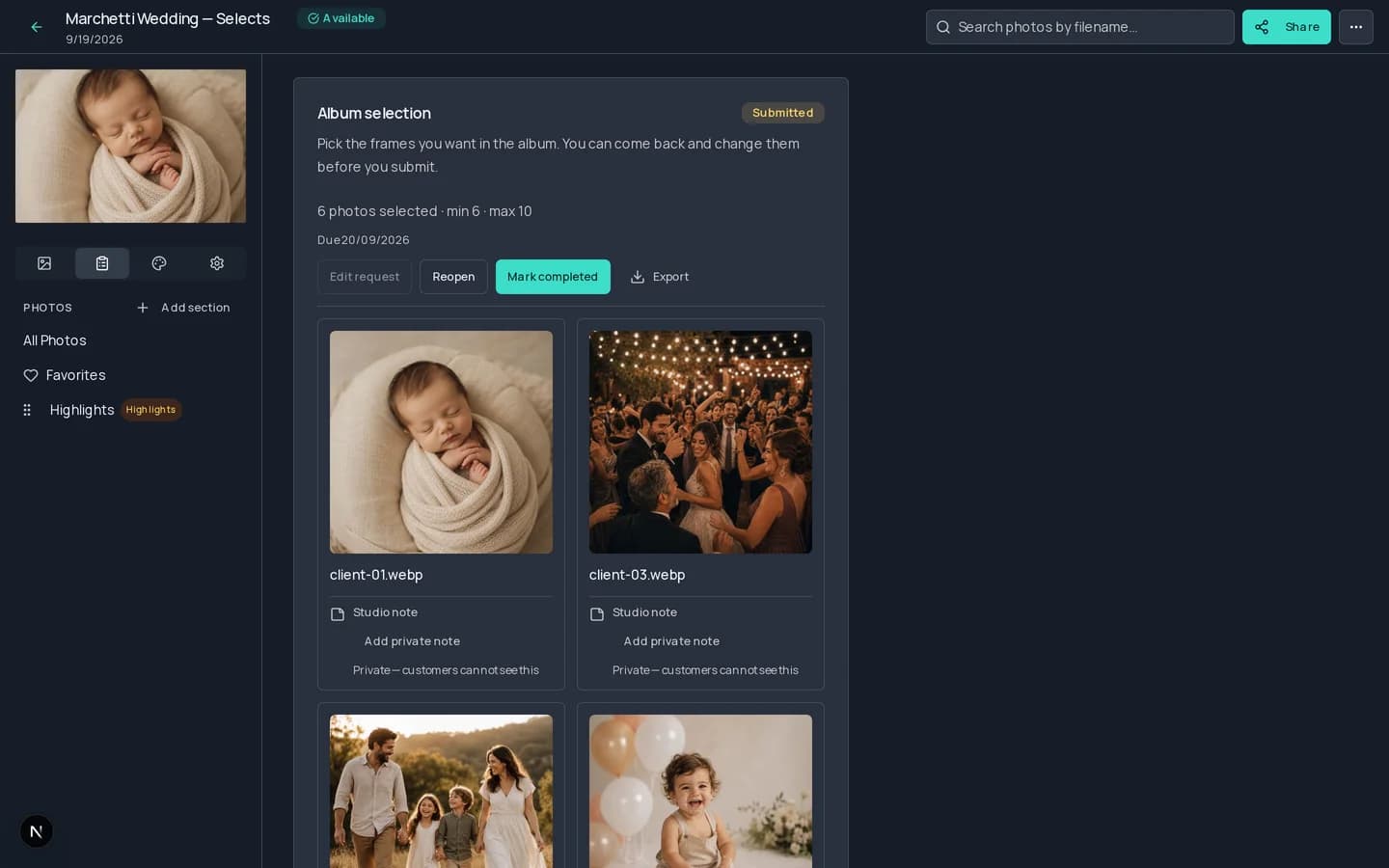 A submitted album selection in Liberio, with the chosen photographs and the studio's notes.