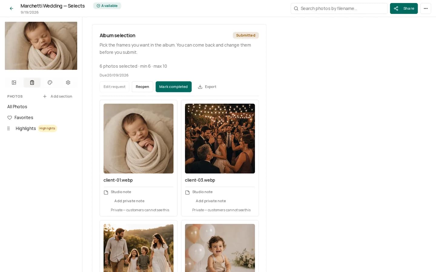 A submitted album selection in Liberio, with the chosen photographs and the studio's notes.