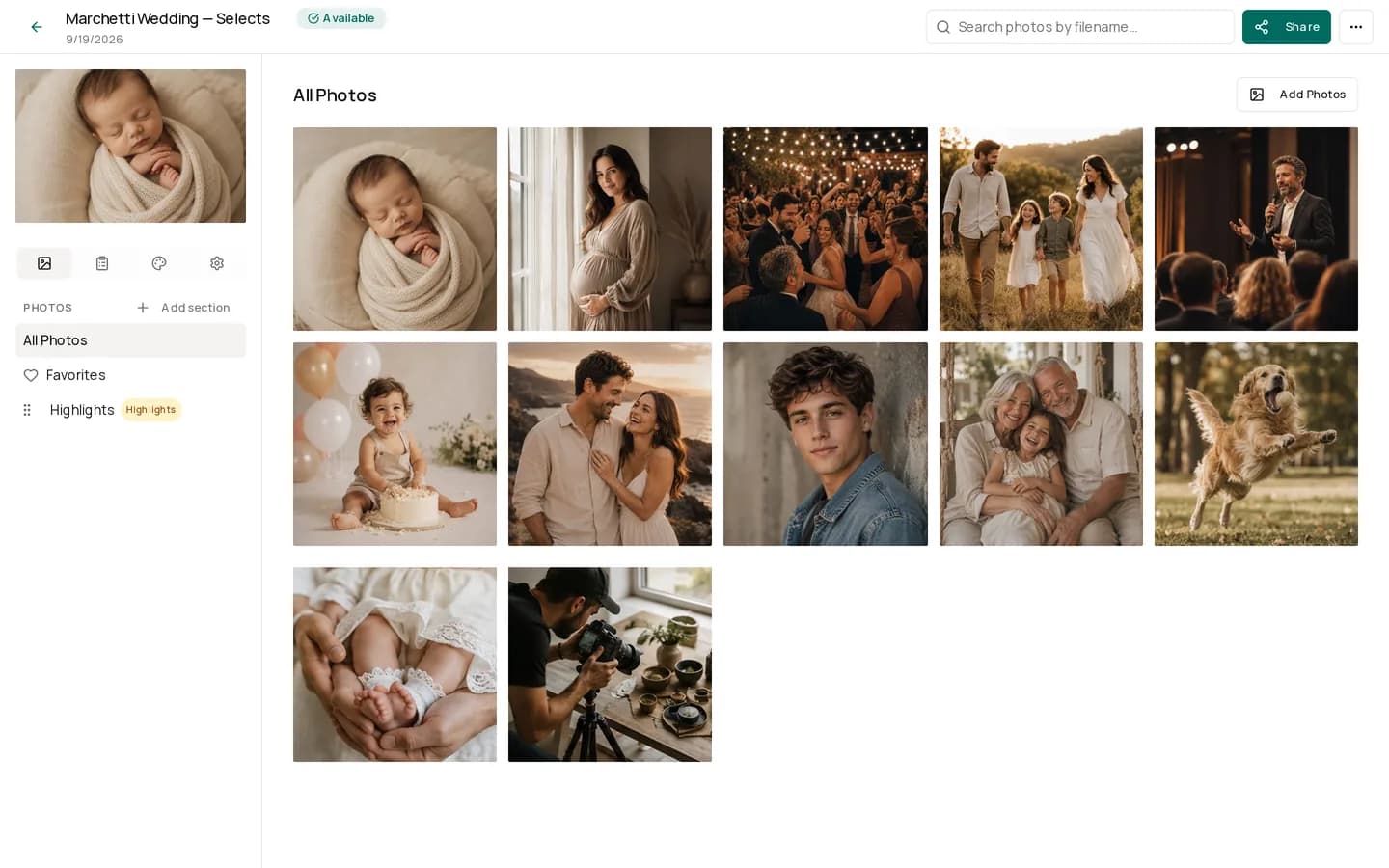 A client gallery in the studio workspace, with the uploaded photographs in a grid.