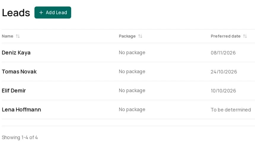 The Liberio leads list, with four inquiries listed by name, package and preferred date.